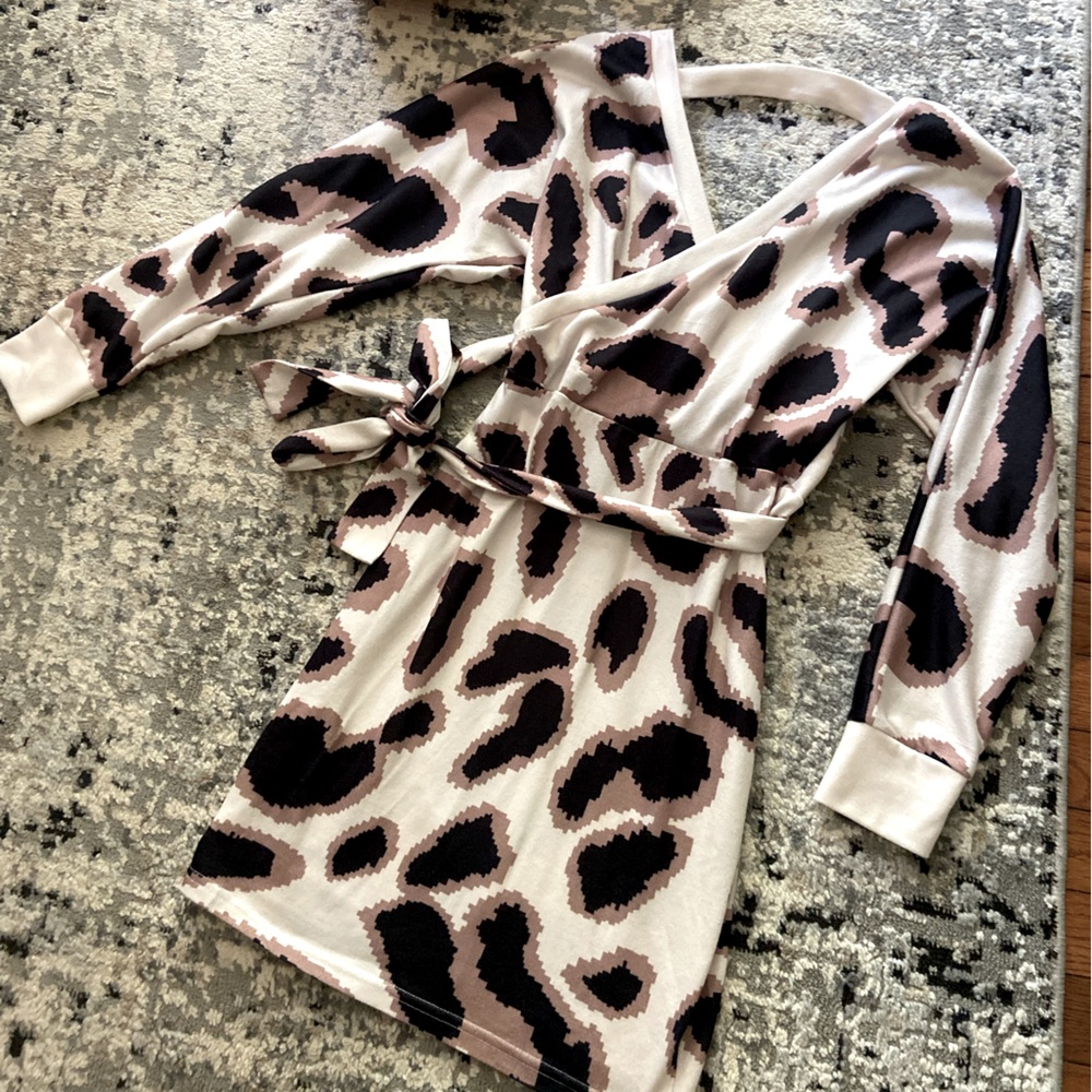 Leopard print V neck sweater dress